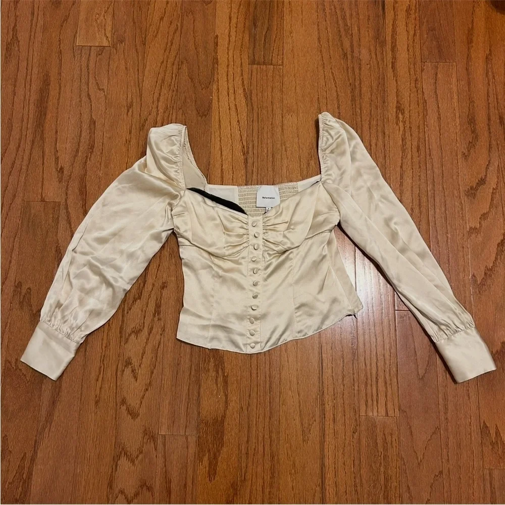 Reformation Silk Puff Sleeve Corset Blouse Champagne Satin Top Size 4